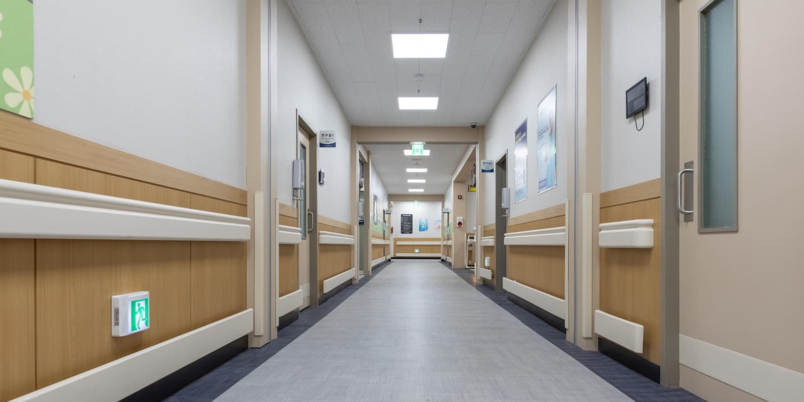 A quiet hospital corridor outside an imaging department.